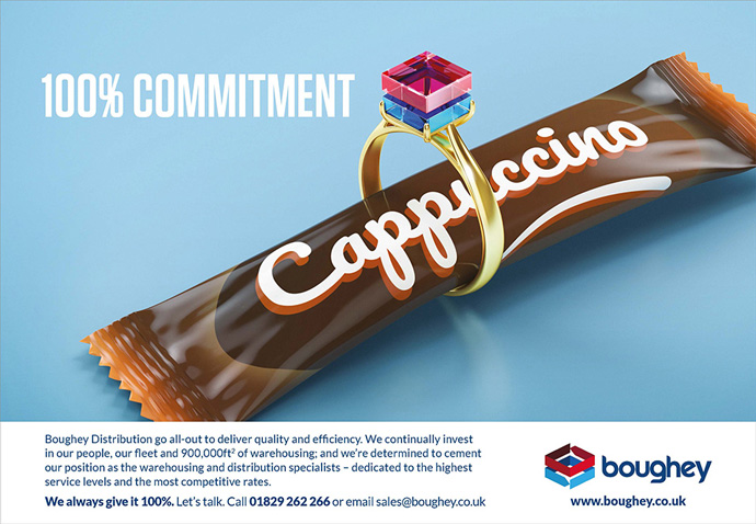 Print advert utilising the 100 percent commitment cappuccino engagement ring concept created for Boughey Distribution