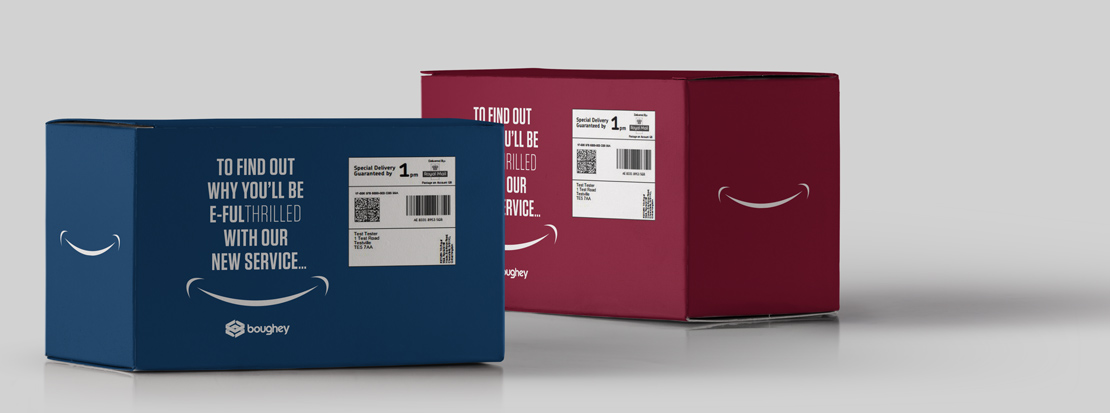 Two boxes created to promote Boughey's e-fulfilment services via a direct mail campaign.