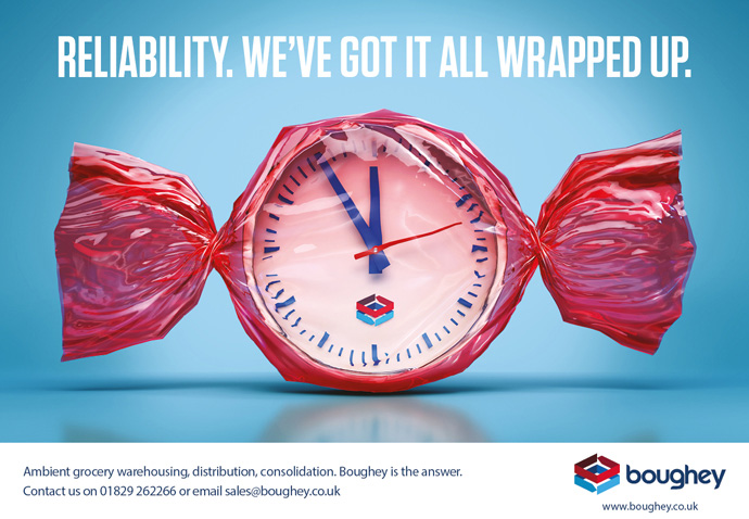 Conceptual advert created for Boughey Distribution by Intermedia Total Marketing Solutions showing a clock in a sweet wrapper