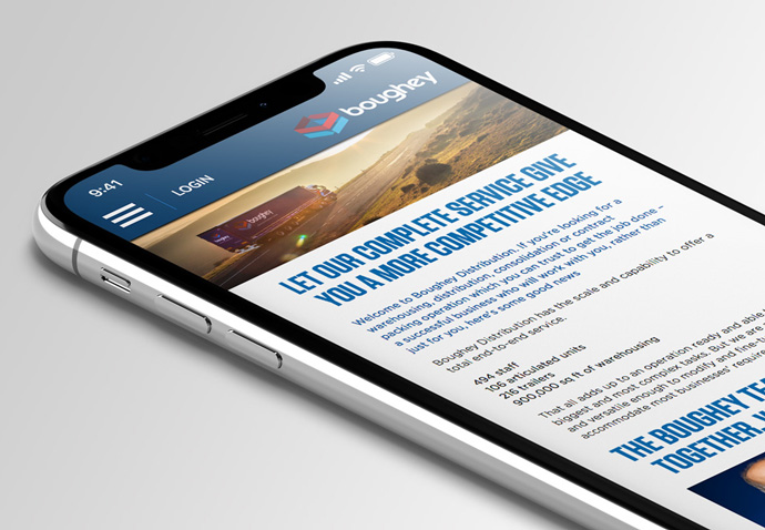 Boughey Distribution's website design shown on a iPhone