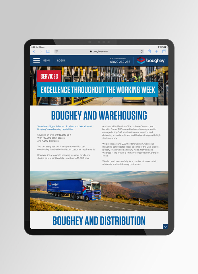 Boughey Distribution's website design shown on a iPad