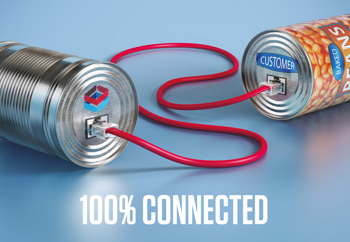 Conceptual advert created for Boughey by Intermedia showing a 'tin can phone' connecting them totheir  customers