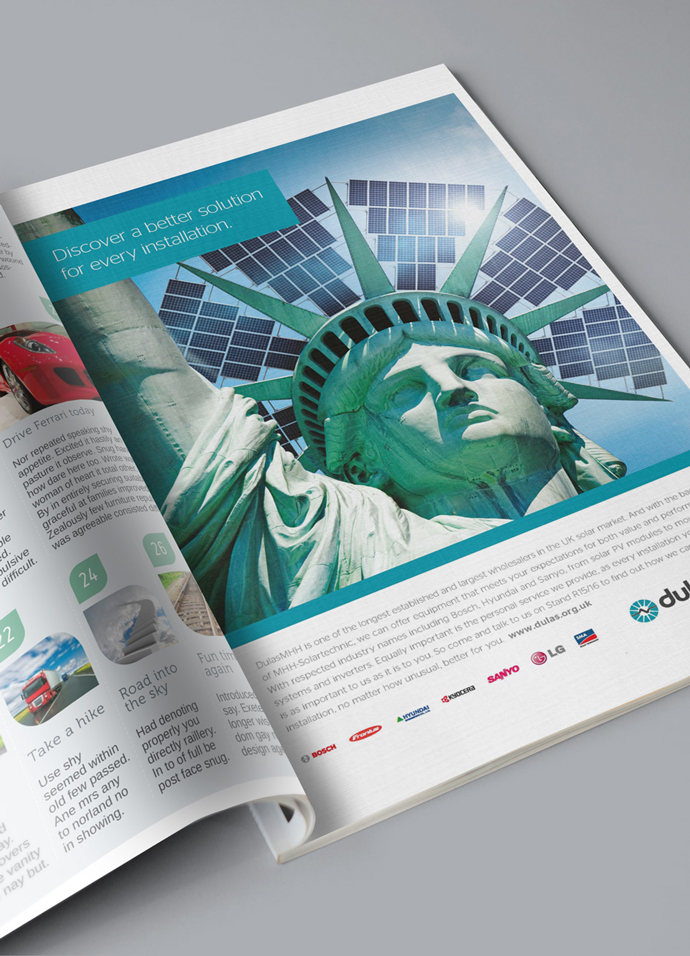 Full page print advert in trade magazine showing the solar powered statue of liberty concept created for Dulas