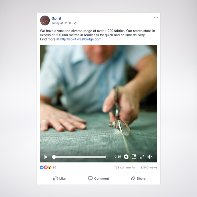 Facebook post showing a social video created to promote the Spirit product range through a digital marketing campaign