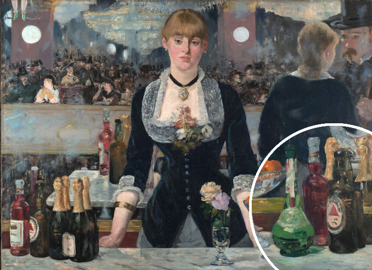 A picture of Manet’s ‘Bar at the Folies Bergere’ showing branded beer bottles in the foreground