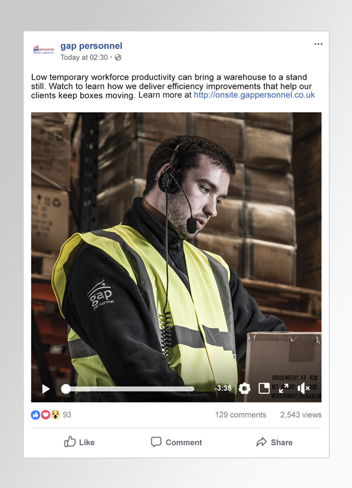 Facebook post showing a social video created to promote Gap Onsite. 