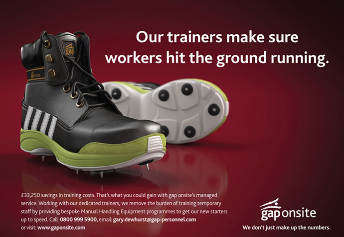 Display advert featuring the realised 'boot-running show' concept created for Gap Personnel