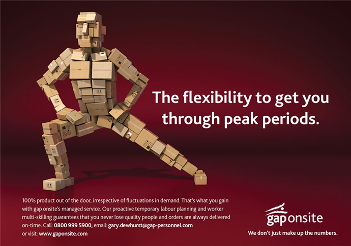 Print advert utilising the flexible 'box-man' concept created for Gap Personnel