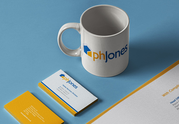 PH Jones branded stationary and mug their new logo after being rebranded by Intermedia 