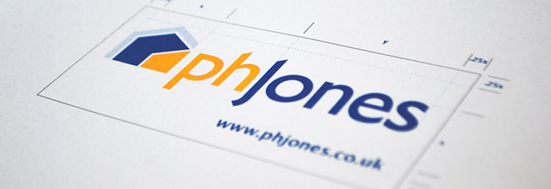 Print out of the updated PH Jones logo with design guides created by Intermedia