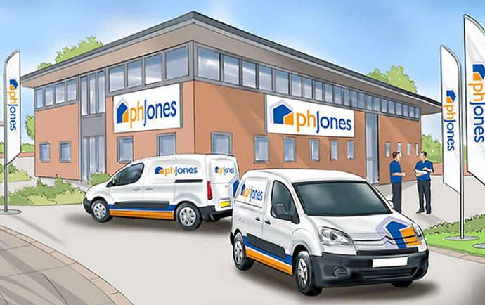 Visualisation of the PH Jones office exterior created by Intermedia in the early stages of the rebranding process