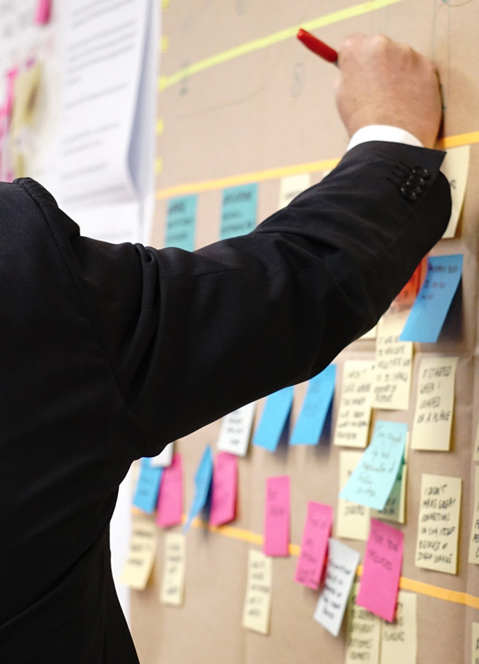 Business man writing on a board full of sticky notes in a strategic marketing planning workshop