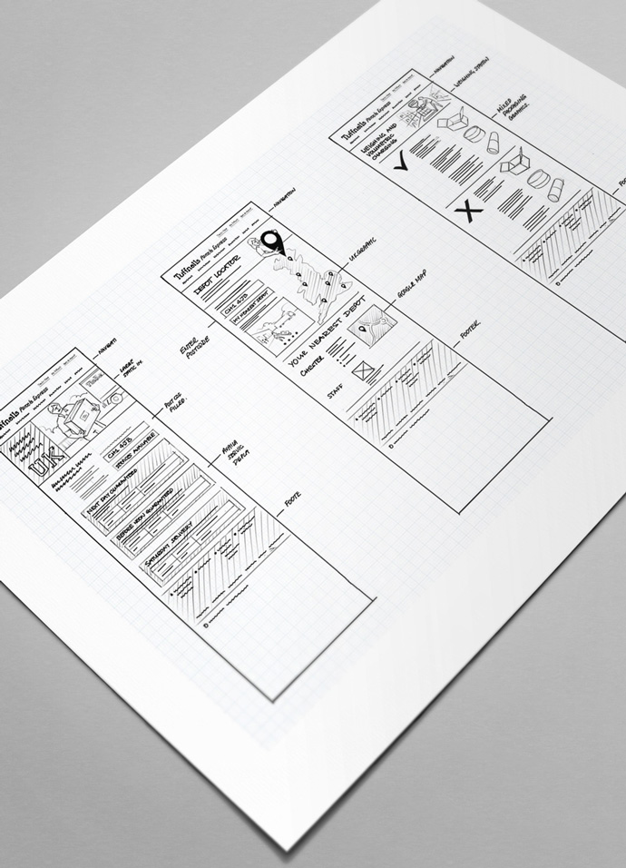 Wireframes of the Tuffnells Parcels Express website drawn by Intermedia's web designers