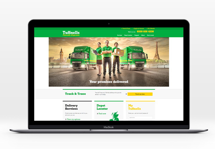 Website design created for Tuffnells Parcels Express shown in full-screen desktop format on a laptop