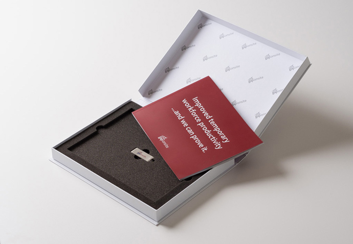 Box containing a brochure and USB stick created for a direct mail campaign