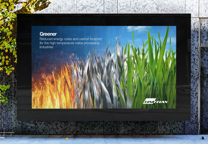 Billboard with Unifrax's 'Greener' advert featuring the 'metal grass' concept created by their advertising agency Intermedia