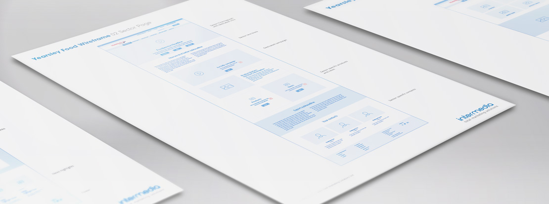 Print outs of web design wireframes created by Intermedia 